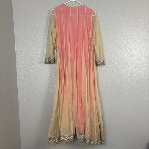 Approx M Pink Gold Embroidered Flowers Floral Anarkali Saree Gown Dress Layered - Picture 4 of 9